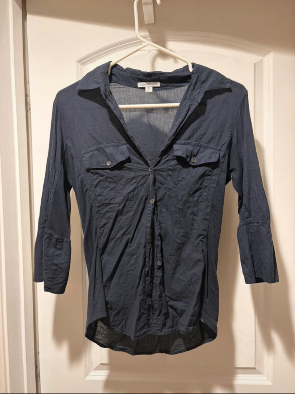 James Perse Mixed Media Button Up Shirt  navy Blue Roll Tab Size 2